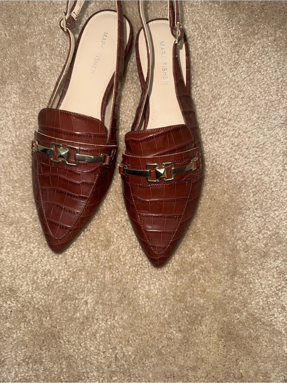 Marc Fisher Brown Croc-Embossed Pointed Toe Slingback Loafers with Gold Accent